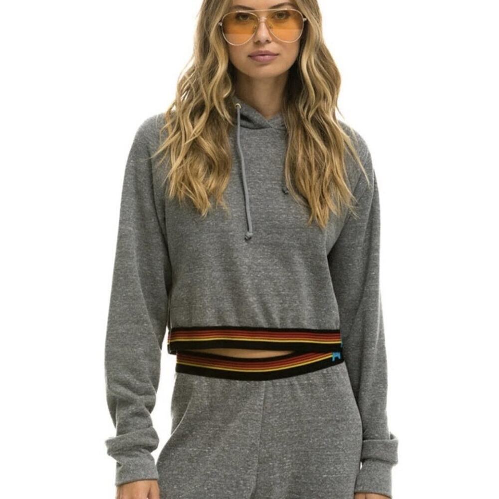 Aviator Nation Women's Logo Stripe Crop Pullover Hoodie Sweatshirt (size: M)